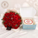 Mother’s Day gift set with red roses bouquet, open cake box, Happy Mother’s Day cake.