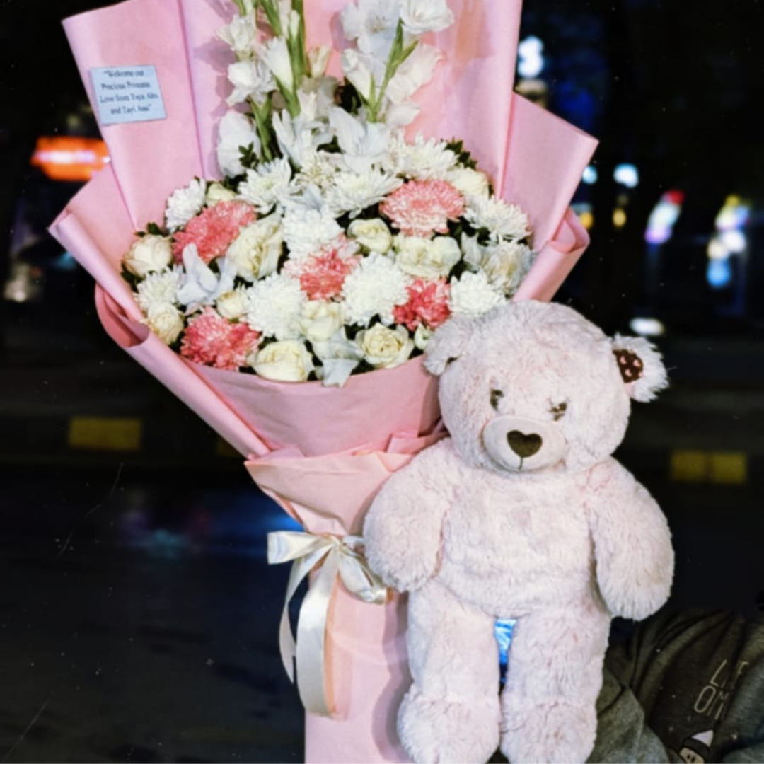 Pink Bouquet with Mini Teddy Bear