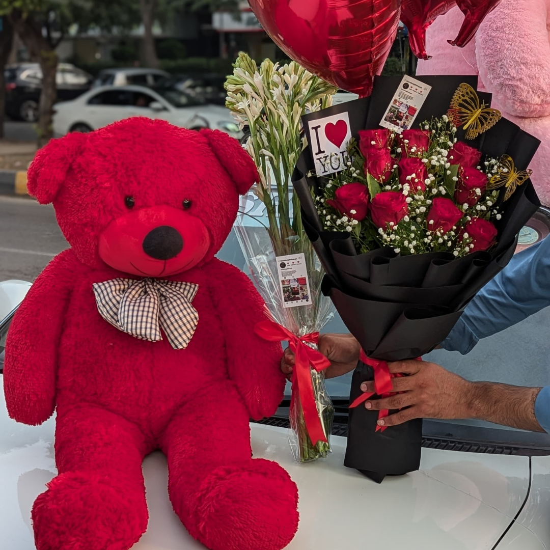 🌹 Red Rose & Tube Rose Bouquet with Cute Red Teddy 🧸