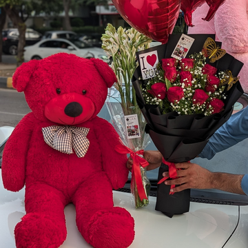 🌹 Red Rose & Tube Rose Bouquet with Cute Red Teddy 🧸