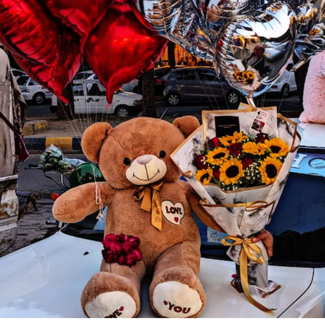 Teddy & Sunshine: Sunflower Bouquet & Heart Balloons