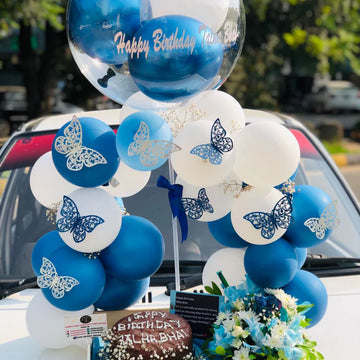 Birthday Basket with Balloon, Cake & Imported Flowers