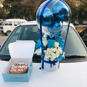 Birthday Bliss for Him: Blue Balloon Box & Cake Surprise