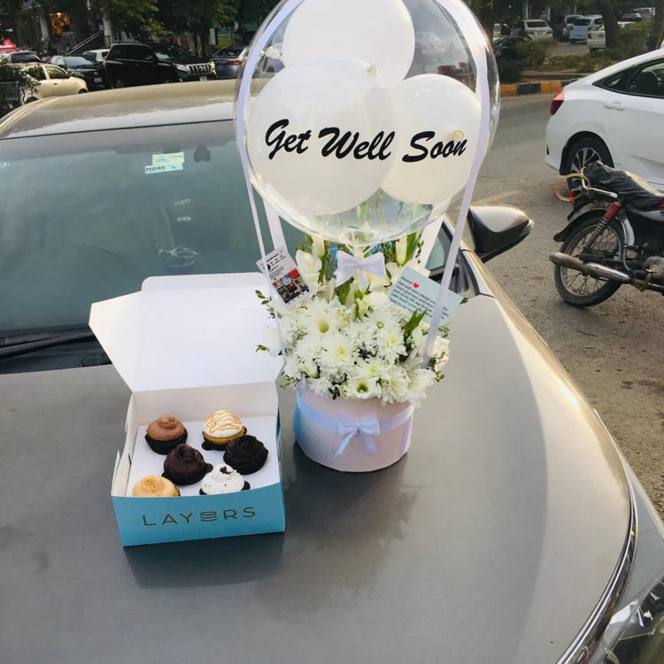 Get Well Soon: Balloon Box with Cupcakes for a Sweet Recovery
