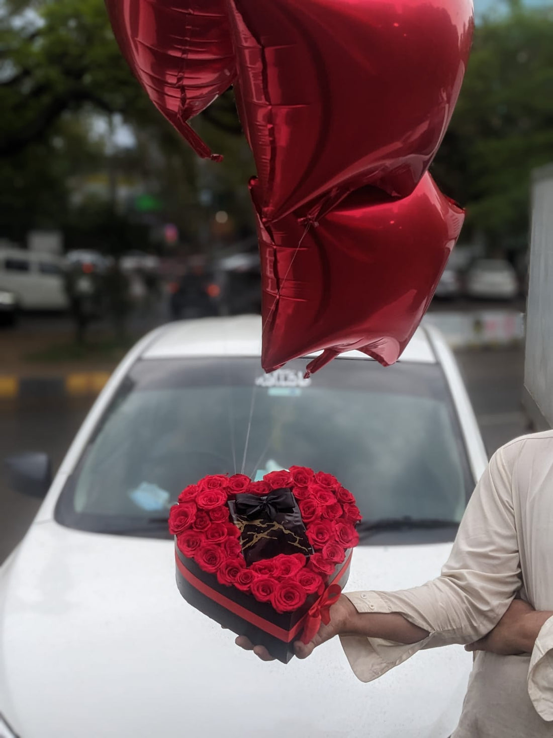 Love in a Box: Red Roses, Perfume & Balloons