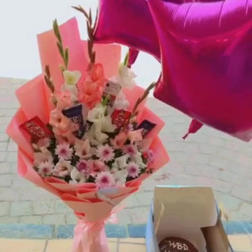 Pastel Colour Bouquet with Cake & Balloons