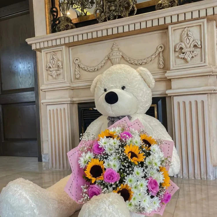 6-Foot White Teddy Bear with Imported Flower Bouquet
