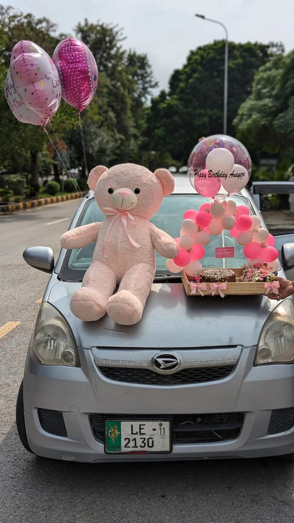 3 Feet Pink Teddy with Birthday Basket