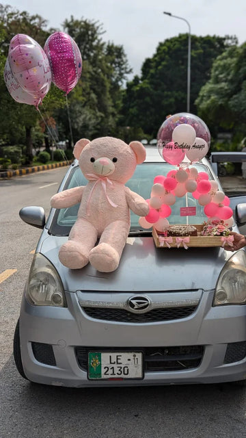 3 Feet Pink Teddy with Birthday Basket