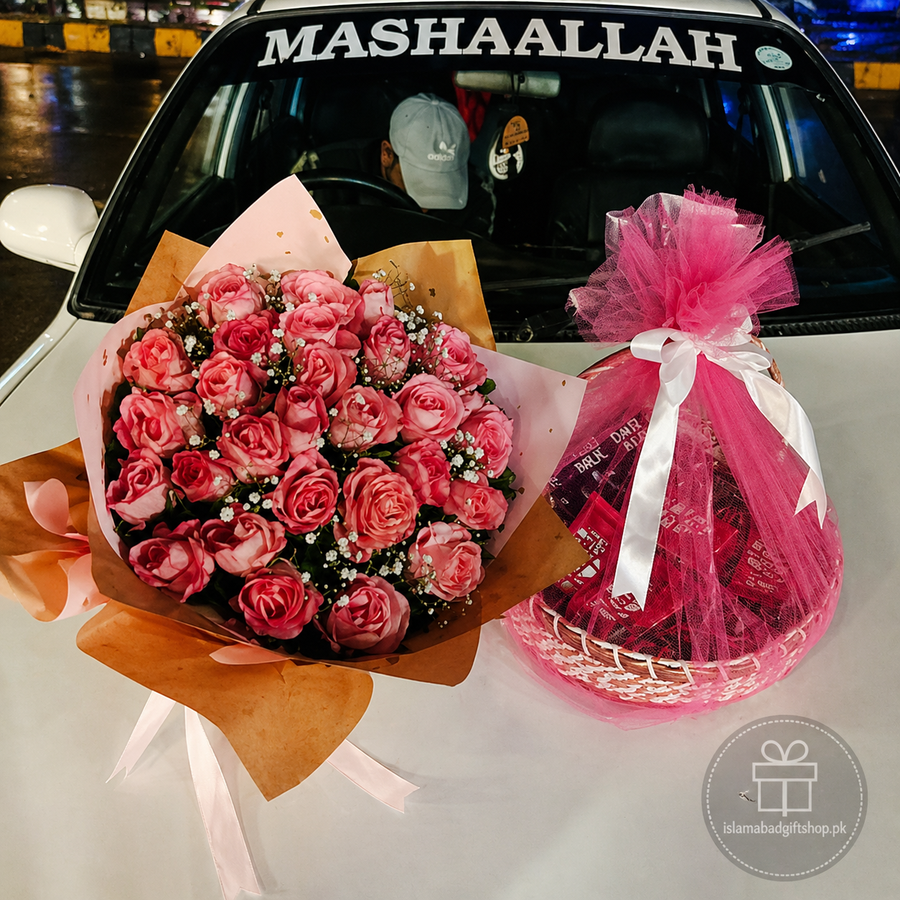 Luxury pink rose bouquet with baby’s breath and premium pink-wrapped gift basket.