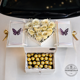 Luxury white rose heart gift box with Ferrero Rocher-style chocolates, butterfly decorations.