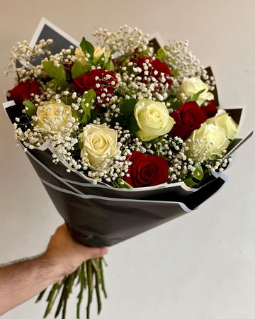 Vivid Red and White Roses Bouquet