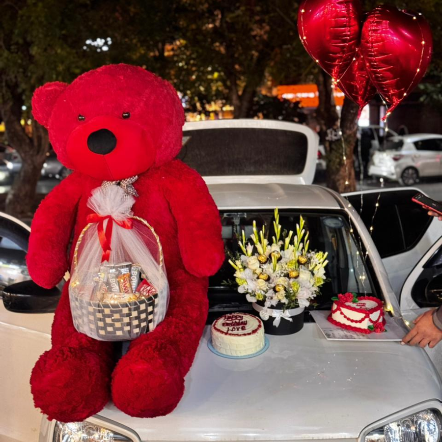 Mega Luxury Gift Combo – 6ft Red Teddy, Flower Ferrero Box, Chocolate Basket & Customised Celebration Cakes
