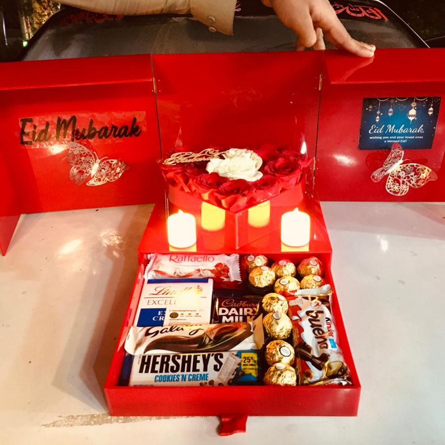 Red Heart Box Full of Roses with Chocolate Drawer – Eid Mubarak Special Gift