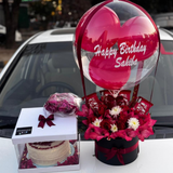 Red Balloon Surprise Box with Cake, KitKat & Fresh Flower Gajra