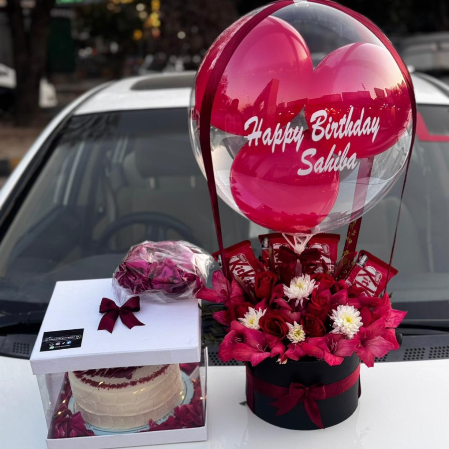 Red Balloon Surprise Box with Cake, KitKat & Fresh Flower Gajra