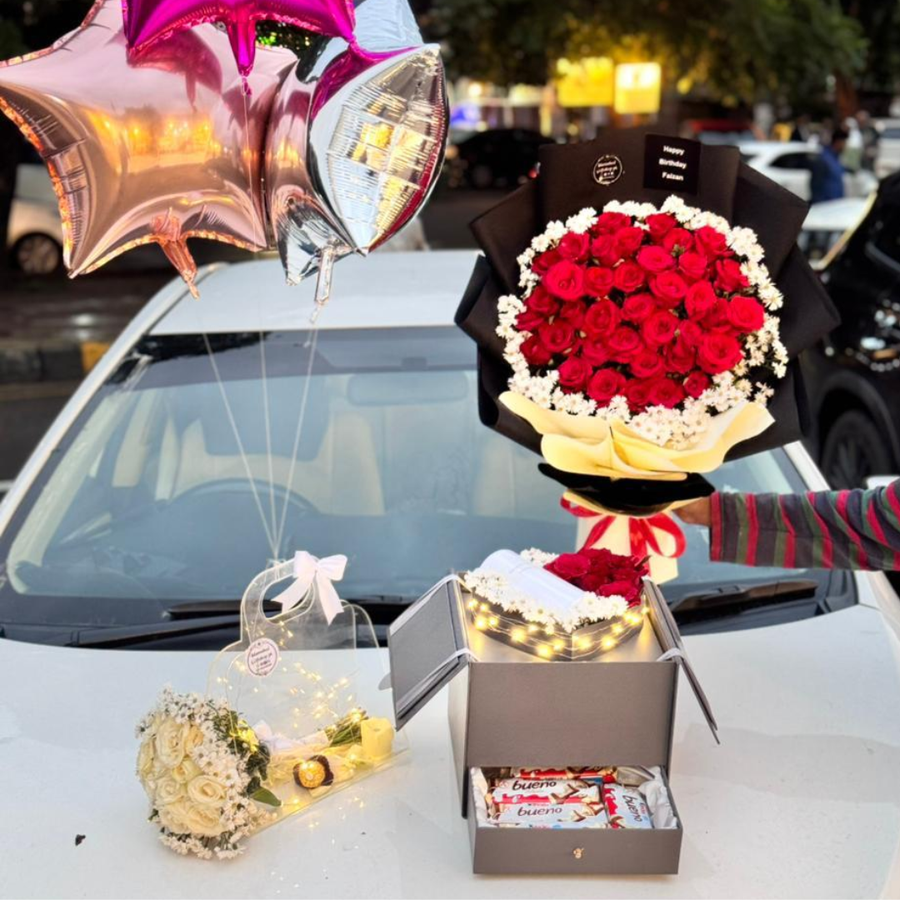 Luxury Rose Bouquet Gift Combo with Acrylic Rose Bag & Chocolate Box with Luxury Oud