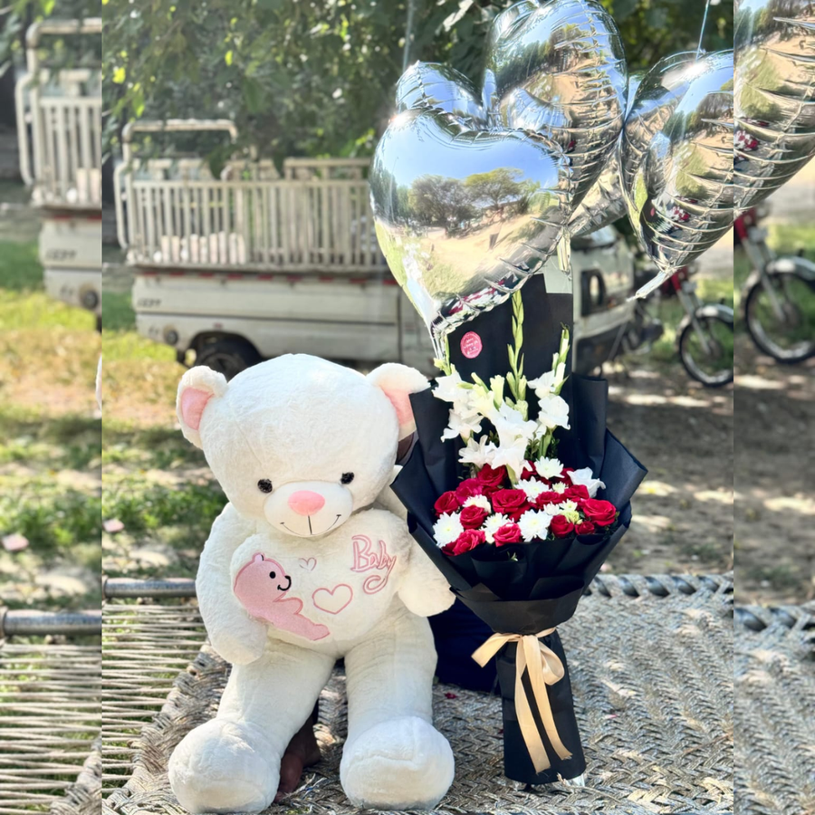 Romantic Teddy Bear & Rose Bouquet Gift Combo with Heart Balloons