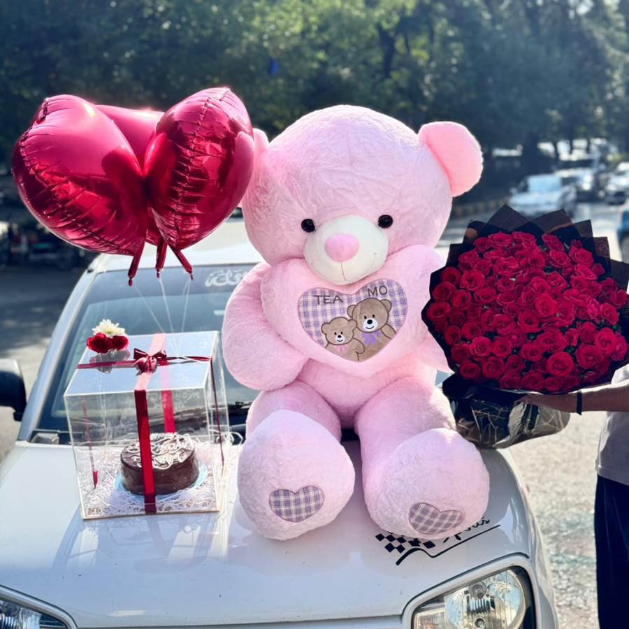 Romantic Teddy Bear Gift Combo with Roses, Cake & Balloons