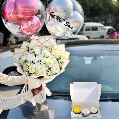 Get Well Soon Flower Bouquet with Balloons & Cupcakes