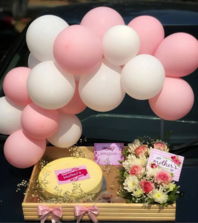 Joyful Mother's Day Basket – Cake, Flowers & Balloons