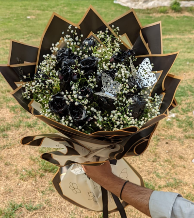 Bold Beauty – Black Ribbon Rose and Baby’s Breath Arrangement