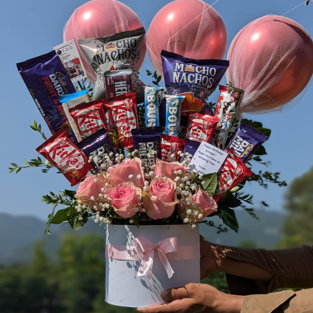 Flower Box with Balloons and Chocolates – Perfect Mother’s Day Gift