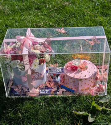 Luxury  Gift – Acrylic Flower Box with Customized Cake & Chocolates