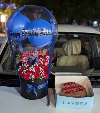 Fresh FlowersBox with KitKats Customized printed Baloon Candle &Cake for him/her