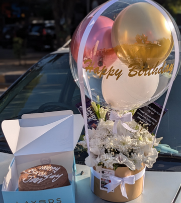 White & Golden Flowers Chocolates Giftbox with Customized printed Baloon &2.5lbs German Fudge cake