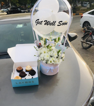 Get Well Soon Flowers Gift Box with Cupcakes & Balloons