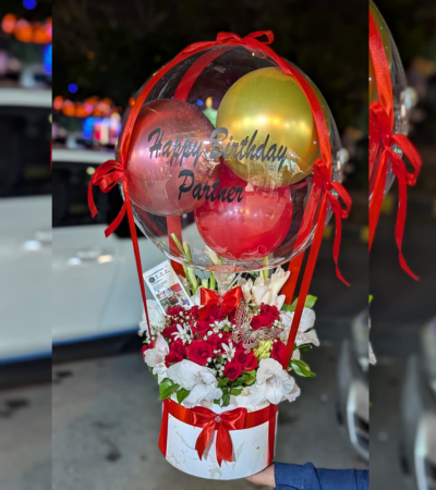 Red roses white gladiolus Flowersbox with Customized printed Baloon card
