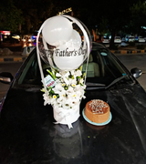 White Fresh Flowers Box with Customized printed Baloon Card &2.5lbs Milky Malt Cake