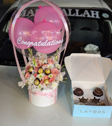Pink Flowers Balloon Box with Ferrero Rochers &Cupcakes|Congratulations Gift🎁