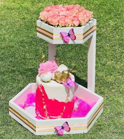 Rustic Wooden Tray with Floral & Cake Combo for Mom
