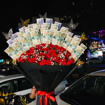 Luxury Red Rose & Cash Bouquet – 20K Cash with Baby’s Breath & Premium Wrapping