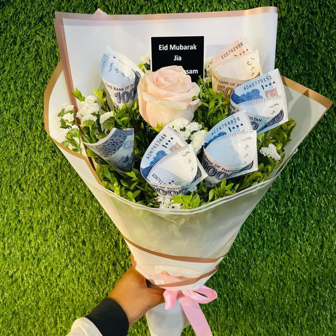 Premium 10K Cash Bouquet with Long-Stem Imported Rose & Baby’s Breath