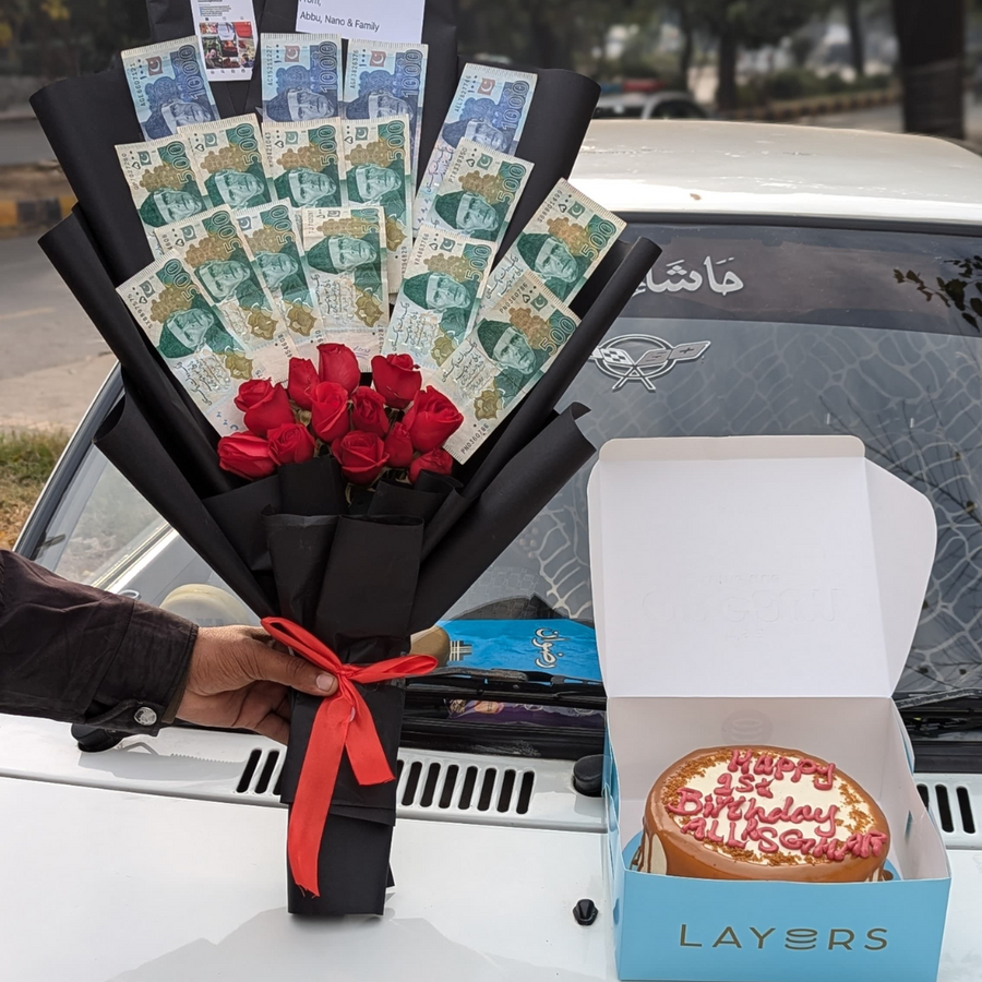 10K Cash Bouquet with Roses & Cake – Perfect Eid Surprise