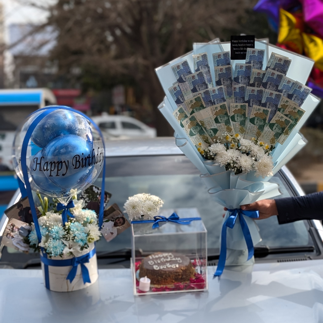 20k Cash Bouquet Gift Set – White Roses, Cake & Balloon Box