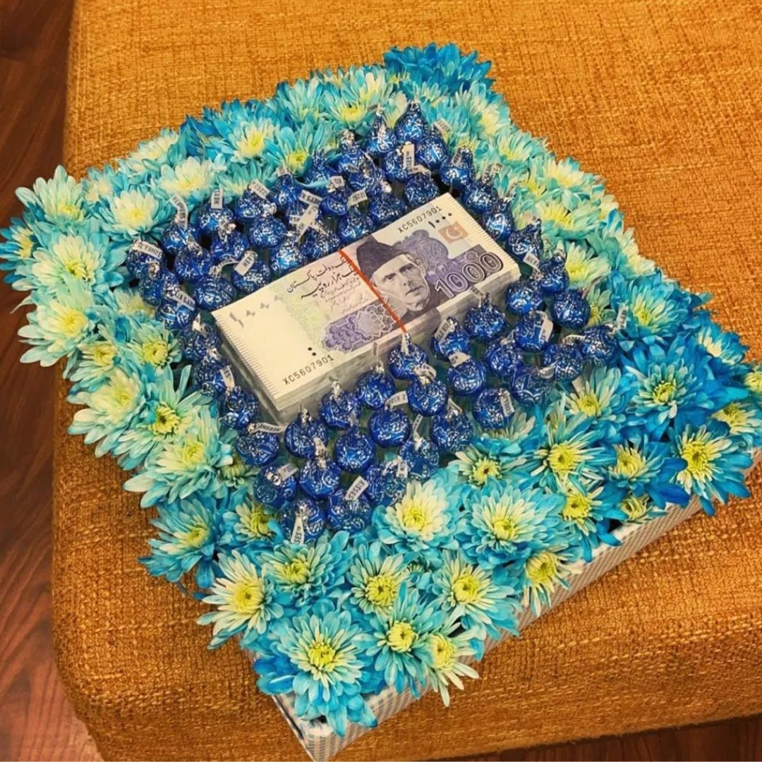 Luxurious Basket – Chrysanthemums, Lindor Chocolates & 1 Lac Cash