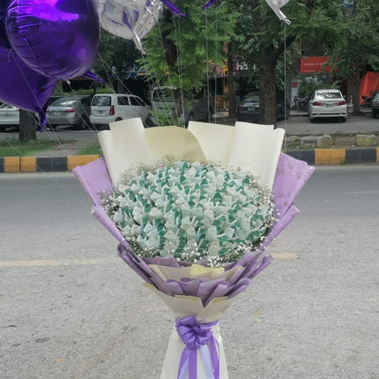 Perfect Eid Bouquet for Her –  Cash, Flowers & Foil Balloons