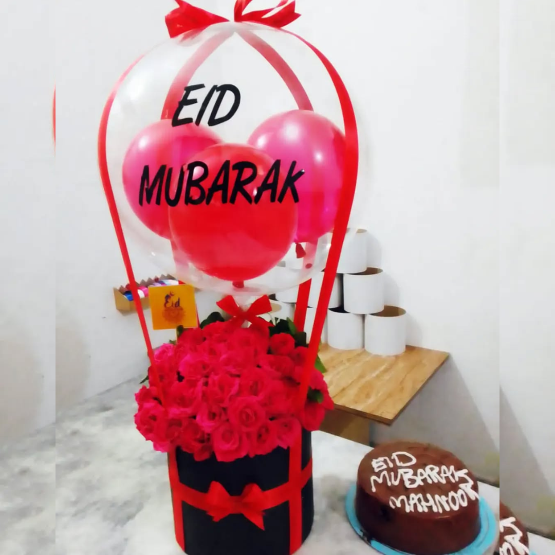Eid Mubarak Balloon Box with Cake – For Her