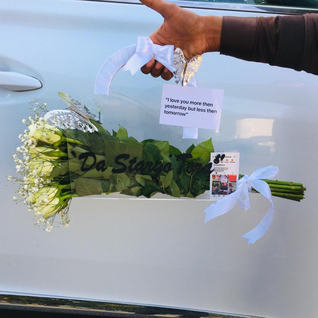 Express Love – With Our Custom Name Printed Acrylic Bag with Imported Red Roses & Love Notes