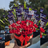 Elegant Box of Red Roses, Baby’s Breath & Dairy Milk Chocolates