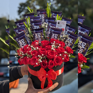 Elegant Box of Red Roses, Baby’s Breath & Dairy Milk Chocolates