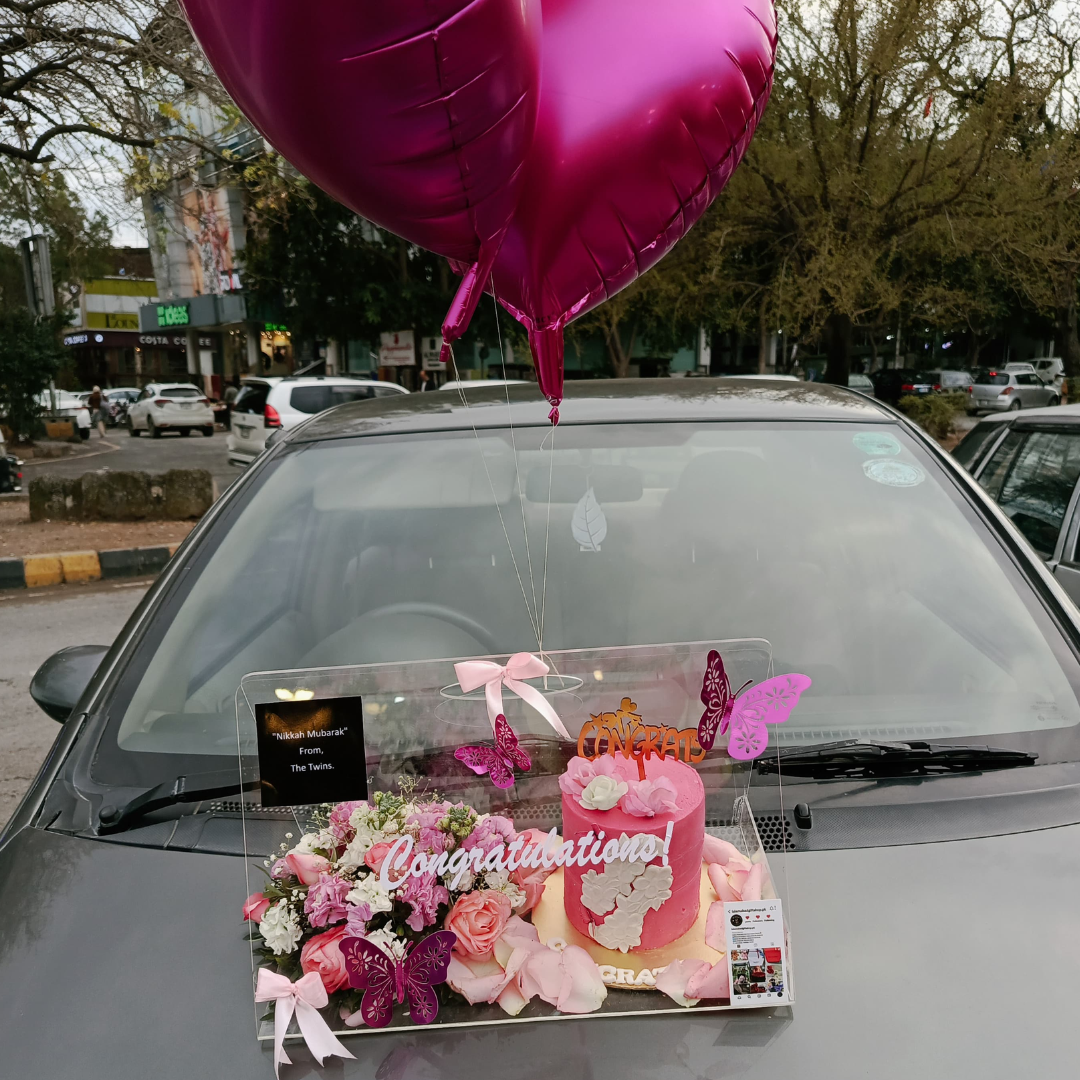 Special All-Pink Acrylic Bag – Cake, Imported Flowers & Heart Balloons