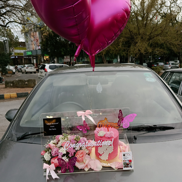 Special All-Pink Acrylic Bag – Cake, Imported Flowers & Heart Balloons