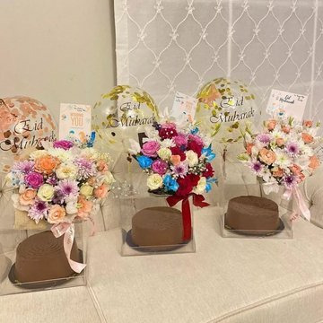 Eid Mubarak Acrylic Box – Cake, Imported Flowers & Custom Balloons (Family of Trio)