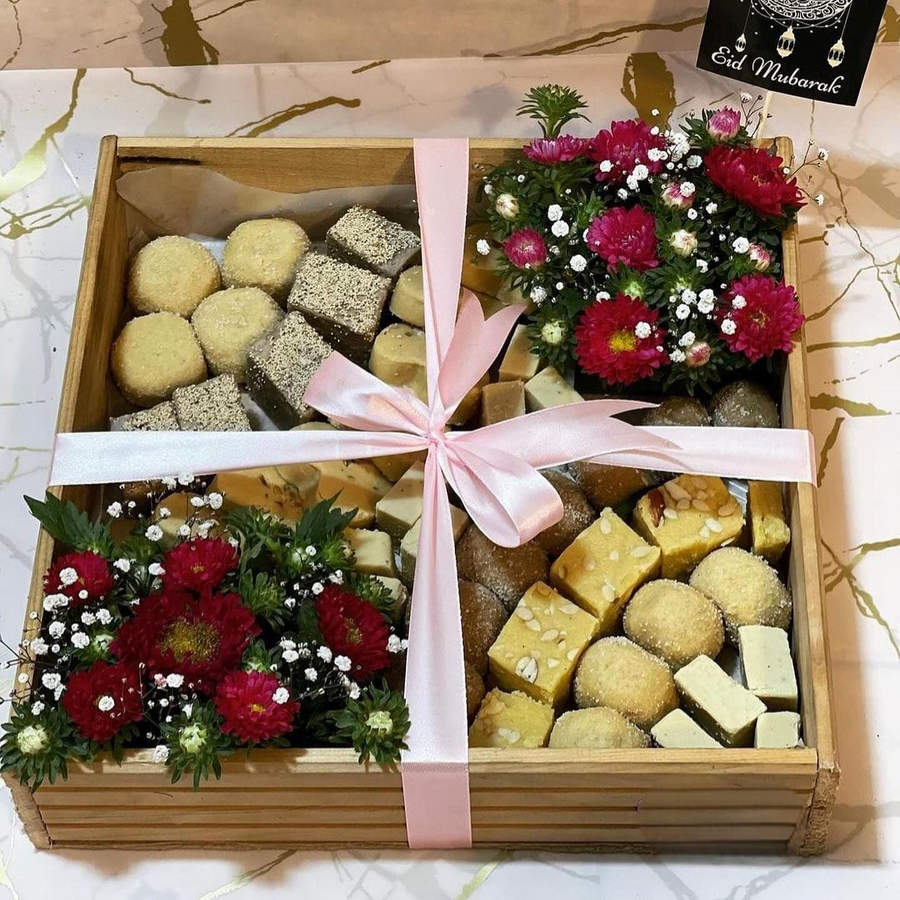 Eid Special Mithai Tray – Imported Sweets & Floral Arrangement