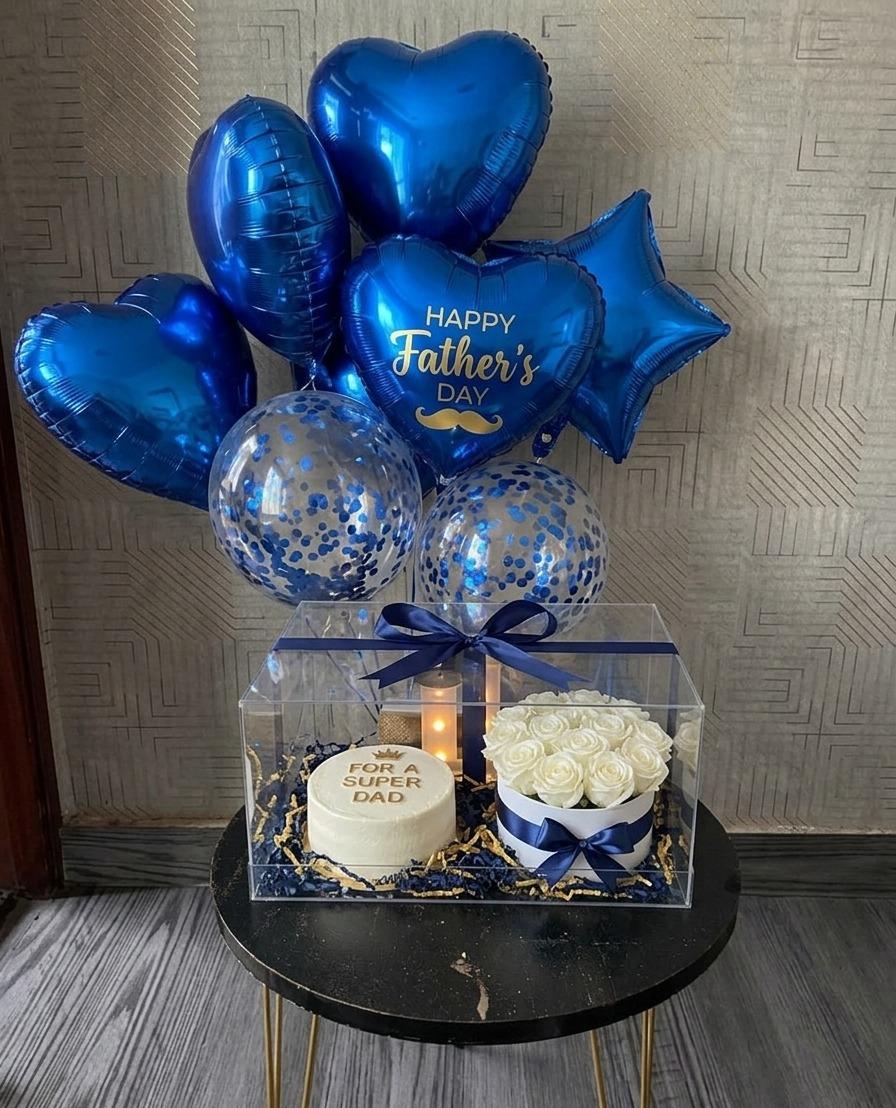 Father’s Day Surprise Gift Box with Cake, Roses & Balloon Bouquet